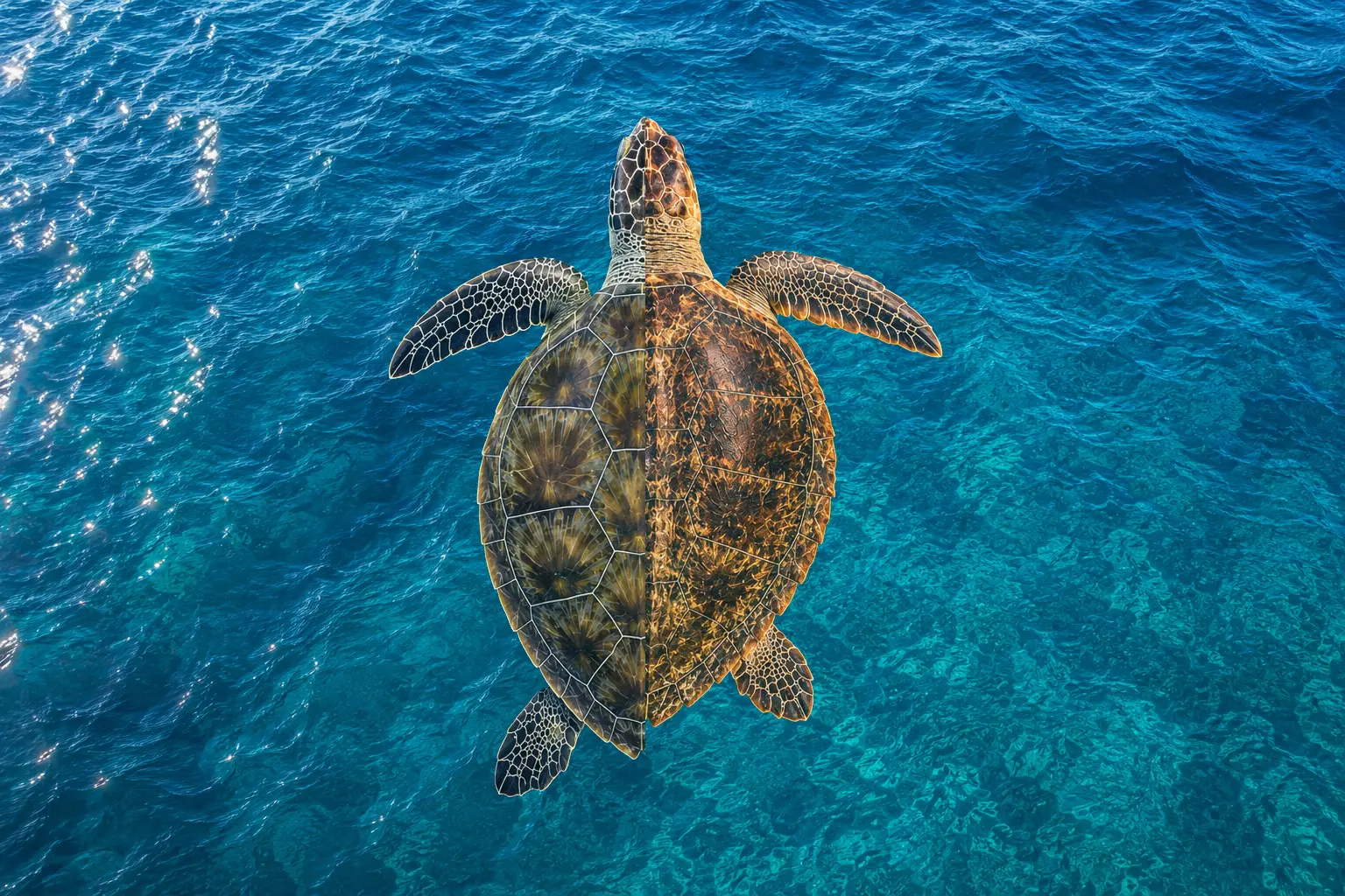 Loggerhead and green sea turtle comparison, Akumal